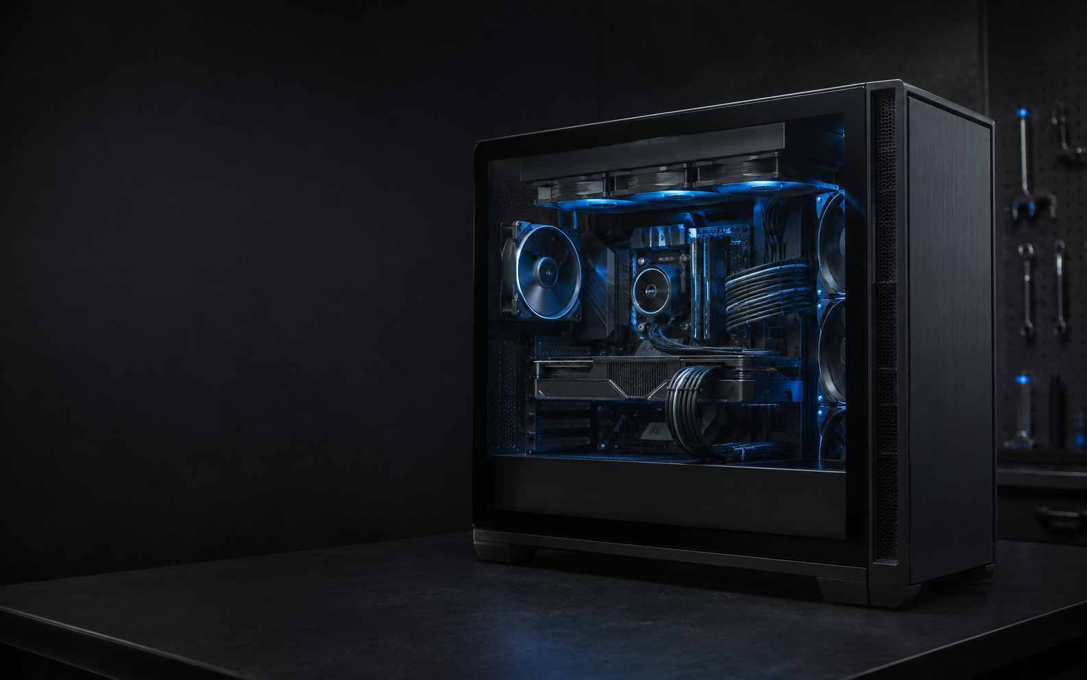 Custom gaming desktop with blue lighting on a workshop bench